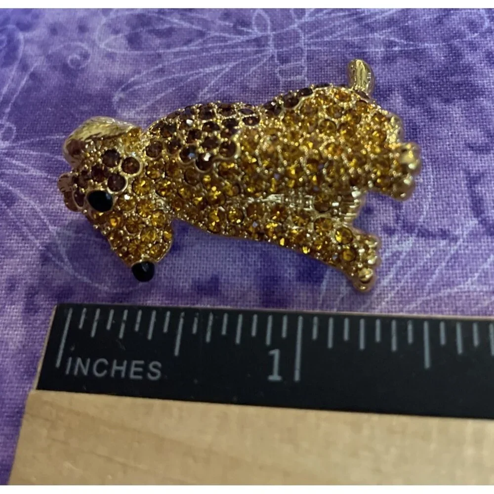 Dog‎ Puppy Brown Rhinestone Brooch Pin Gold Tone Sitting